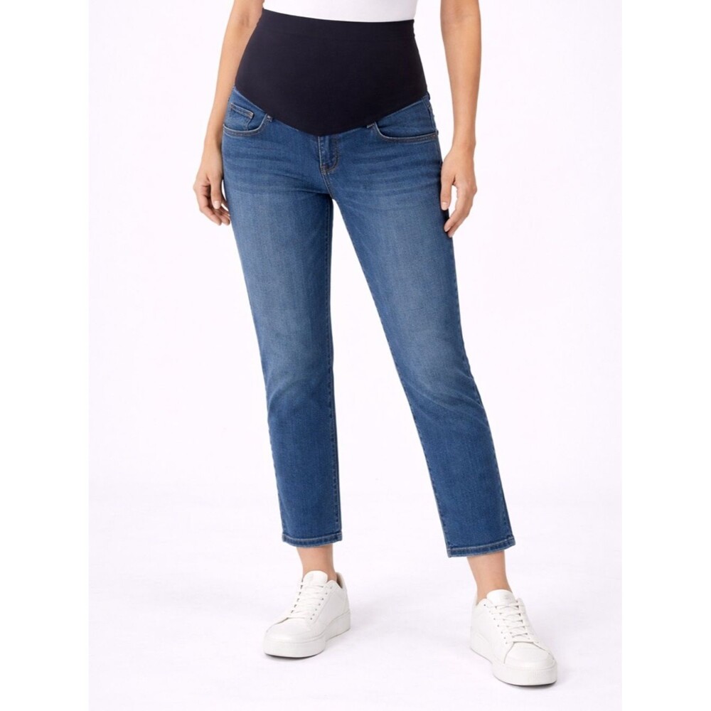 Classic Maternity Straight-Leg Jeans in Dark Blue with Black Panel